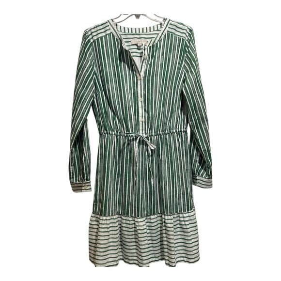 Loft Women's White Green Striped Tab Sleeve Button Flounce Dress - Picture 2 of 12